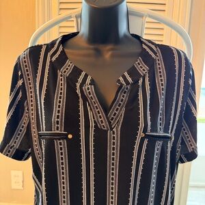 Black and White Striped Women's Top, Cute Brass Accents, gathering sides, V-neck